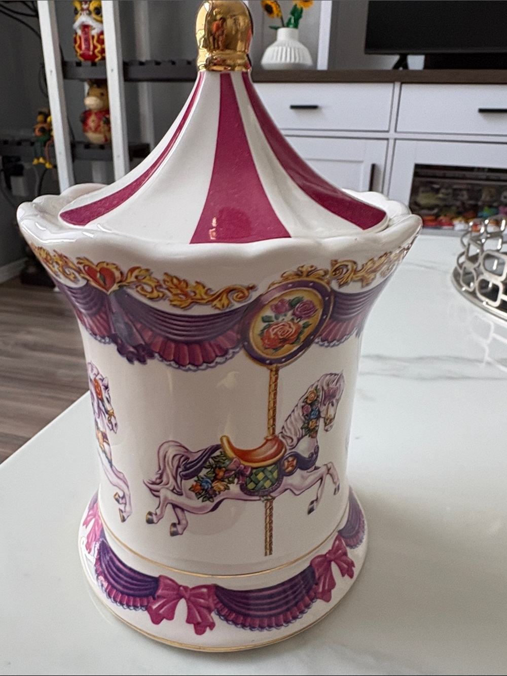1980's Teleflora CAROUSEL Music Box Candy Jar Container Sankyo Musical Movement - Picture 5 of 6